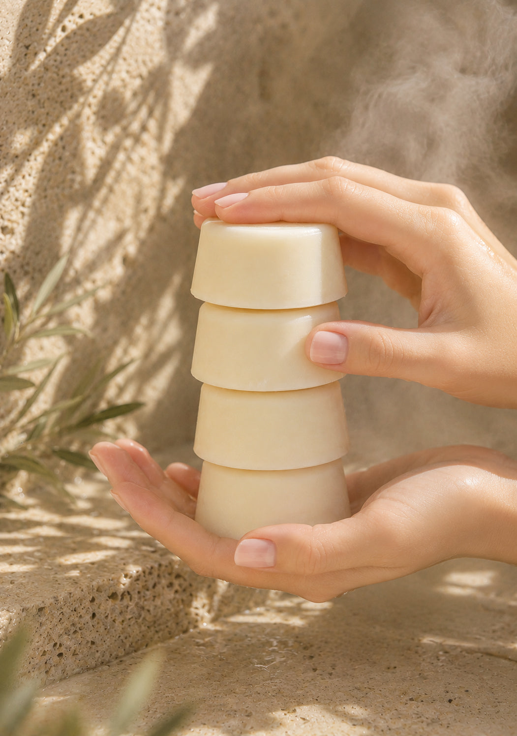 two hands holding a stack of conditioner bars
