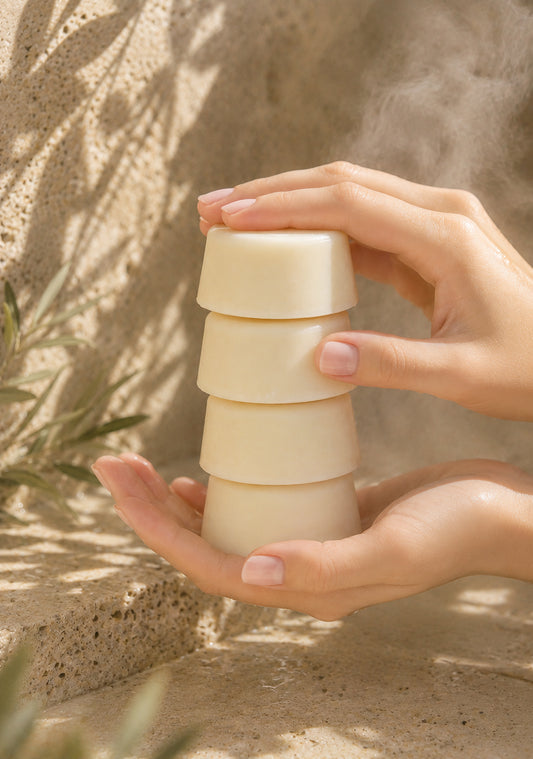 two hands holding a stack of conditioner bars
